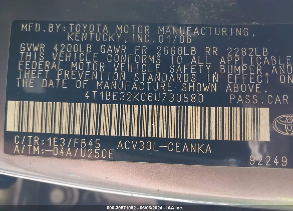 2006 TOYOTA CAMRY VIN: 4T1BE32K06U730580