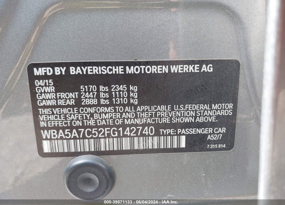 2015 BMW 528I XDRIVE VIN: WBA5A7C52FG142740