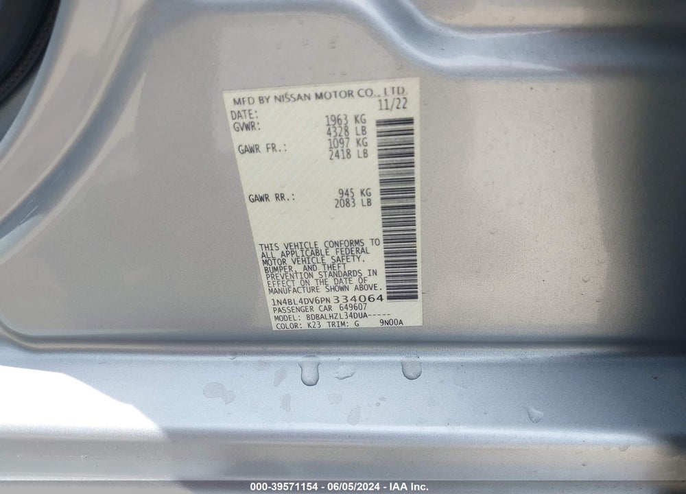 2023 NISSAN ALTIMA SV FWD VIN: 1N4BL4DV6PN334064