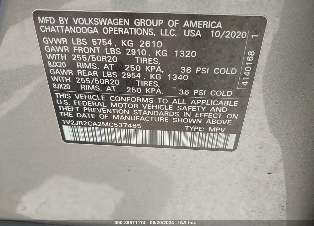 2021 VOLKSWAGEN ATLAS 3.6L V6 SE W/TECHNOLOGY VIN: 1V2JR2CA2MC537465
