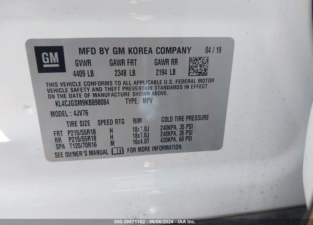 2019 BUICK ENCORE AWD ESSENCE VIN: KL4CJGSM9KB898084