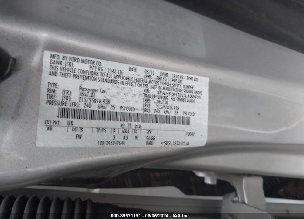 2012 FORD FOCUS VIN: 1FAHP3H22CL430935