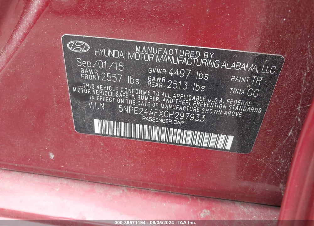 2016 HYUNDAI SONATA SE VIN: 5NPE24AFXGH297933