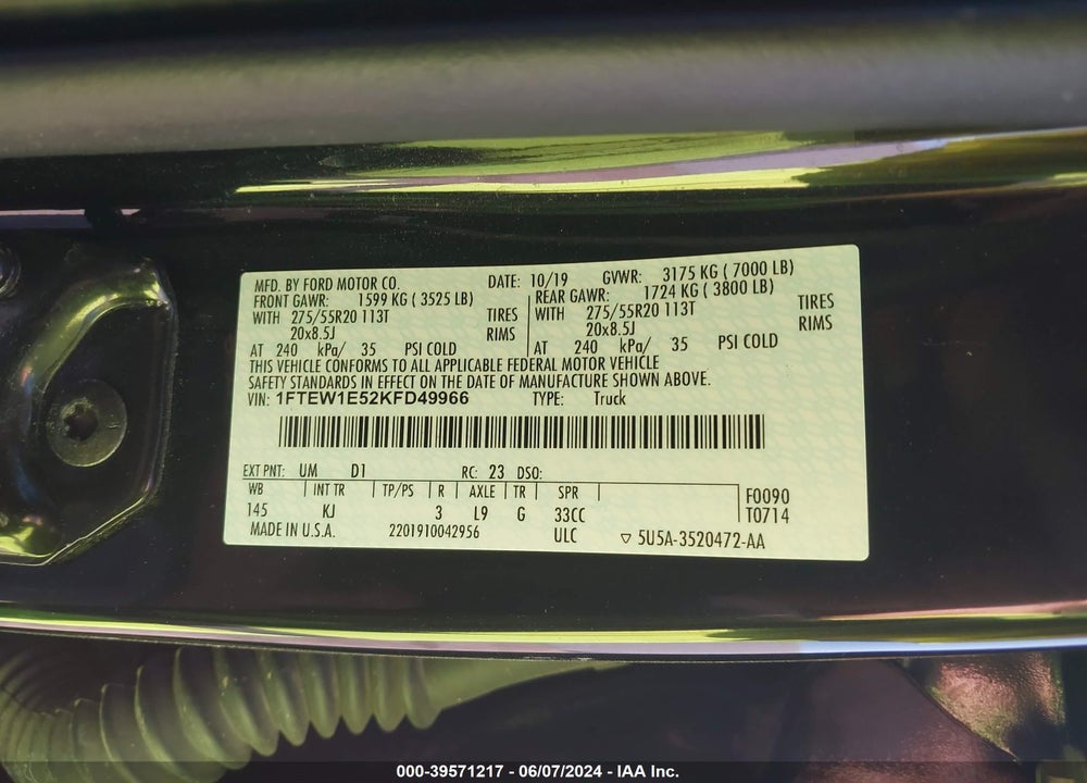 2019 FORD F-150 KING RANCH VIN: 1FTEW1E52KFD49966