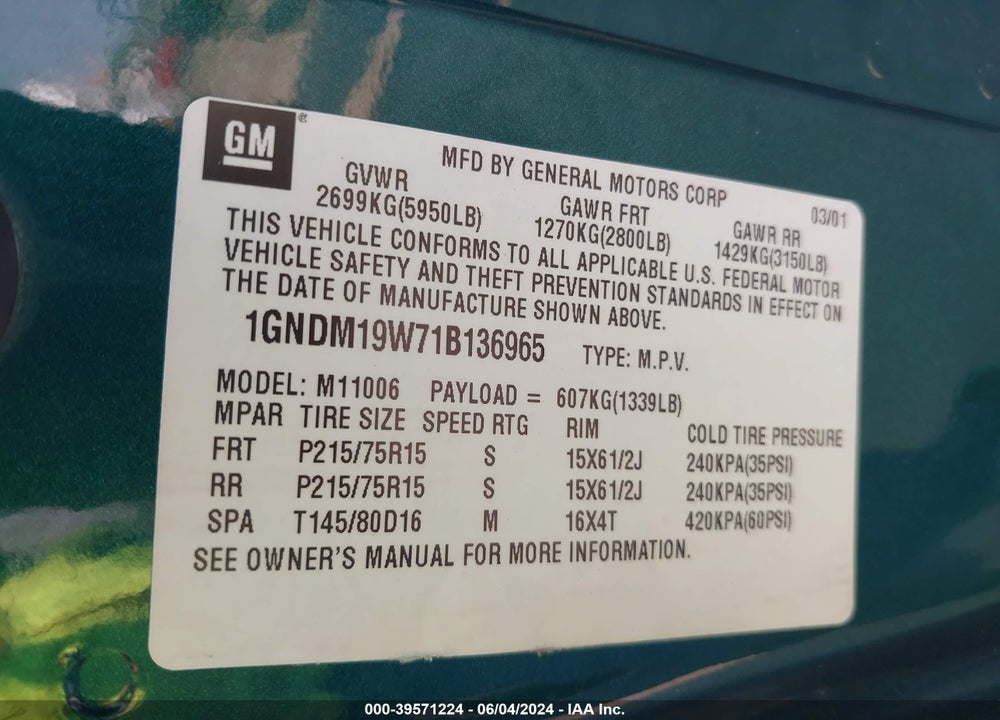 2001 CHEVROLET ASTRO LS VIN: 1GNDM19W71B136965