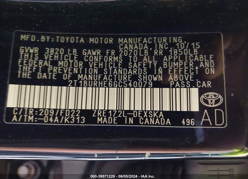 2016 TOYOTA COROLLA S PLUS VIN: 2T1BURHE6GC540079