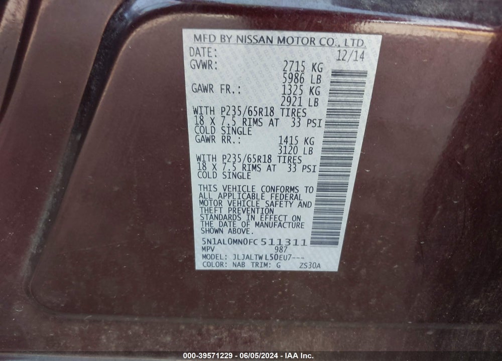 2015 INFINITI QX60 VIN: 5N1AL0MN0FC511311