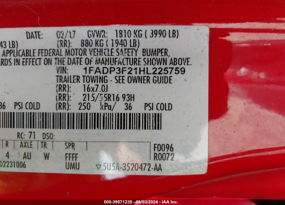 2017 FORD FOCUS SE VIN: 1FADP3F21HL225759