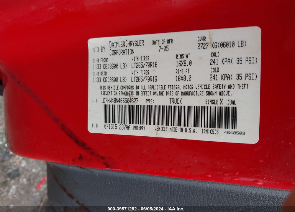 2006 DODGE DAKOTA VIN: 1D7HW48N46S504627