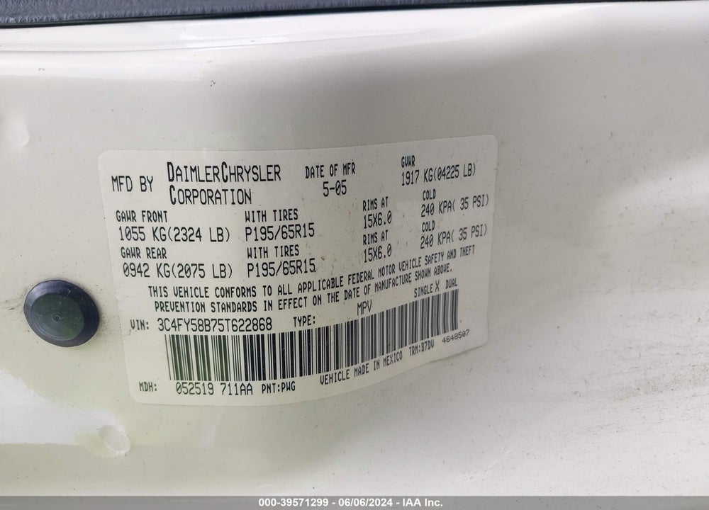2005 CHRYSLER PT CRUISER TOURING VIN: 3C4FY58B75T622868