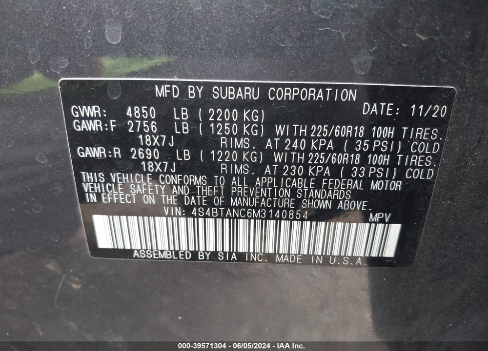 2021 SUBARU OUTBACK LIMITED VIN: 4S4BTANC6M3140854