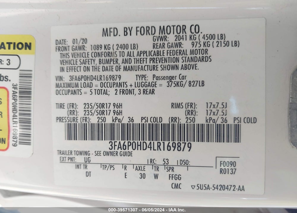 2020 FORD FUSION SE VIN: 3FA6P0HD4LR169879