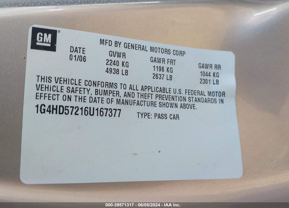 2006 BUICK LUCERNE CXL VIN: 1G4HD57216U167377