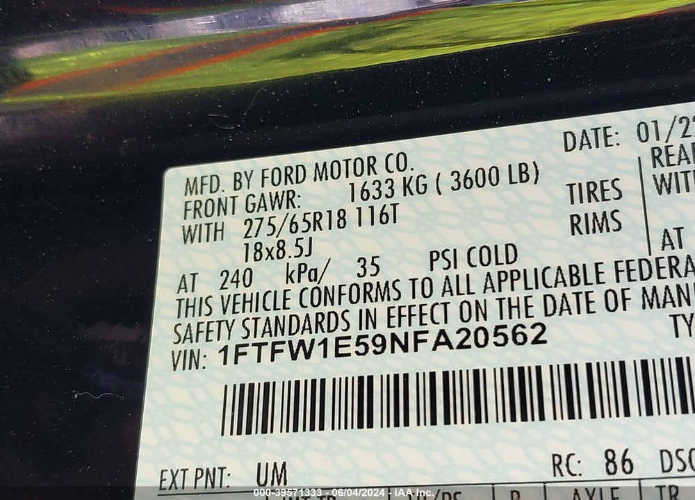 2022 FORD F-150 VIN: 1FTFW1E59NFA20562