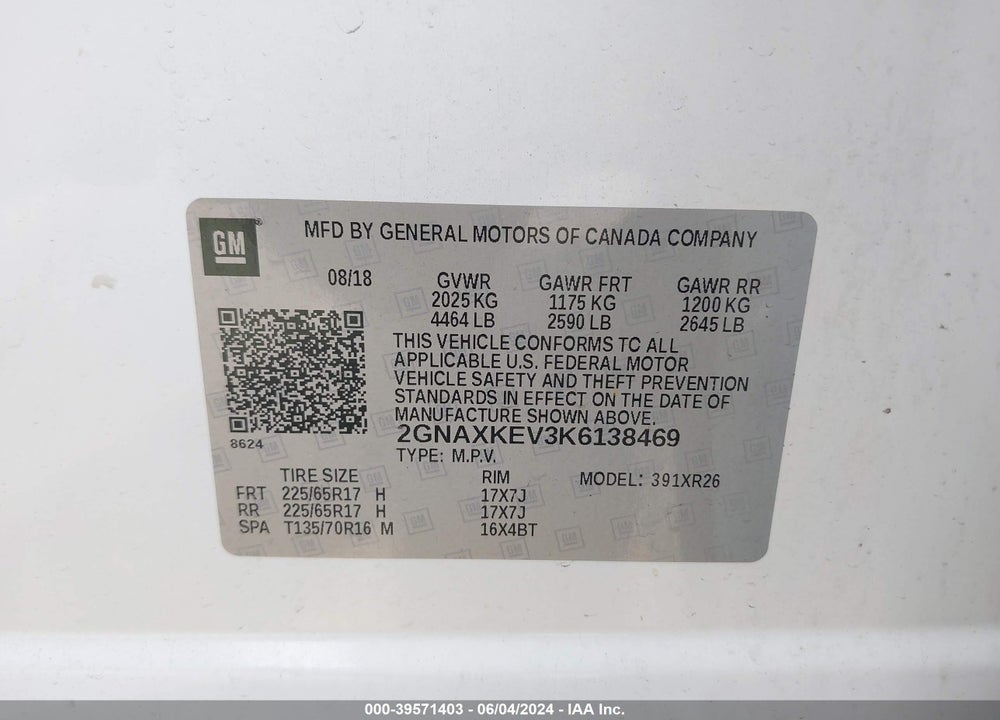 2019 CHEVROLET EQUINOX LT VIN: 2GNAXKEV3K6138469