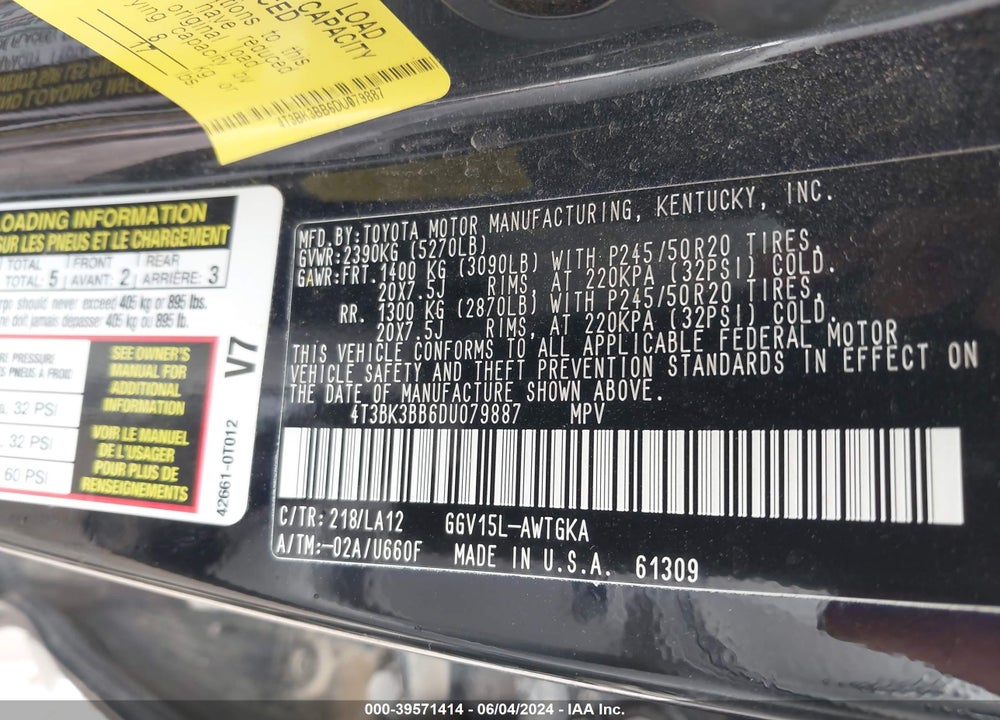 2013 TOYOTA VENZA XLE V6 VIN: 4T3BK3BB6DU079887