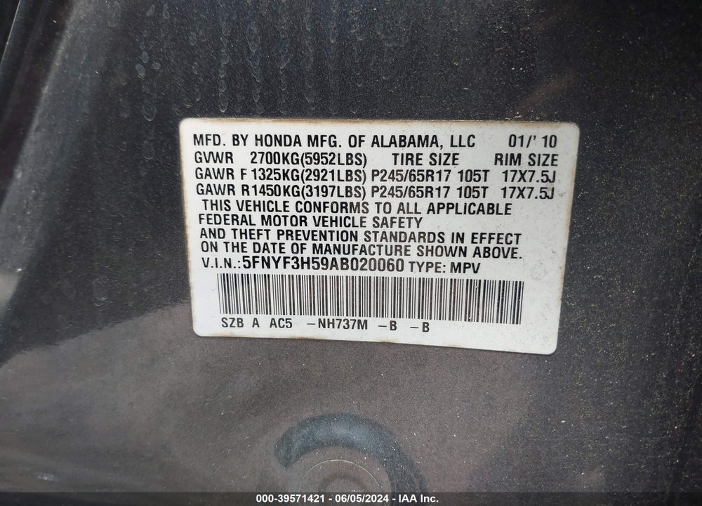 2010 HONDA PILOT EX-L VIN: 5FNYF3H59AB020060