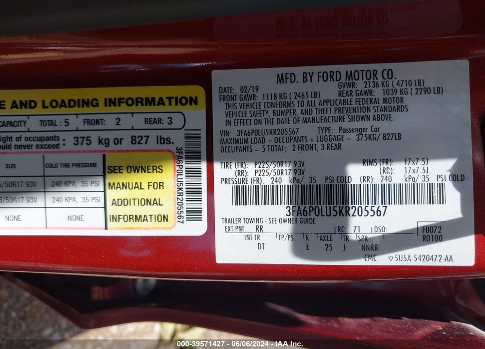2019 FORD FUSION HYBRID SE VIN: 3FA6P0LU5KR205567
