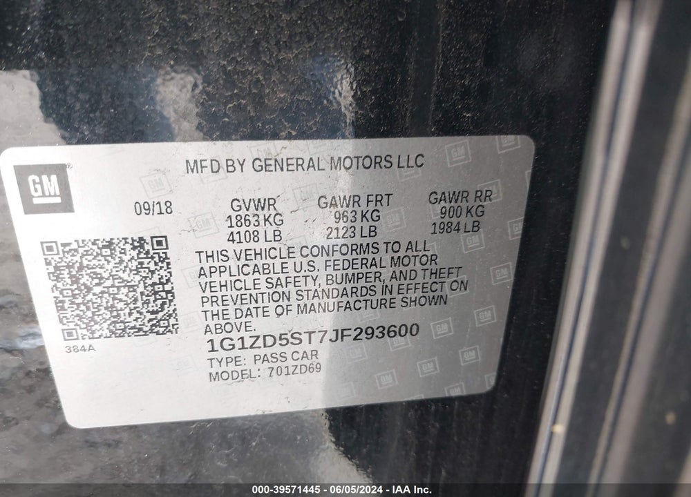 2018 CHEVROLET MALIBU LT VIN: 1G1ZD5ST7JF293600