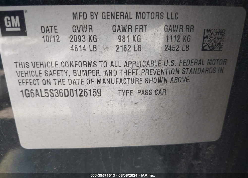 2013 CADILLAC ATS PREMIUM VIN: 1G6AL5S36D0126159