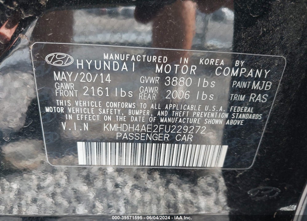 2015 HYUNDAI ELANTRA SE VIN: KMHDH4AE2FU229272