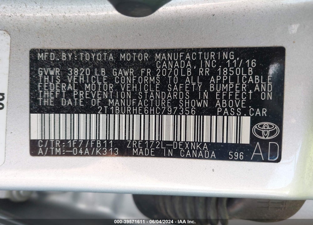 2017 TOYOTA COROLLA VIN: 2T1BURHE6HC797356