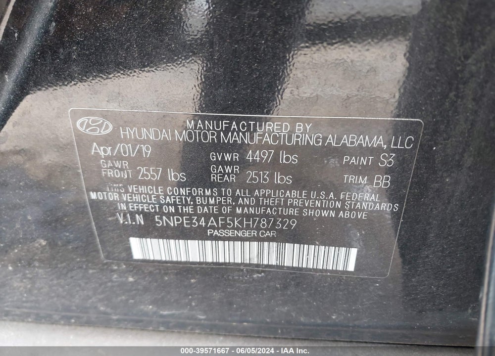 2019 HYUNDAI SONATA SEL VIN: 5NPE34AF5KH787329