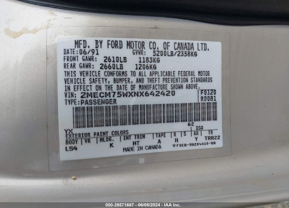 1992 MERCURY GRAND MARQUIS LS VIN: 2MECM75WXNX642420
