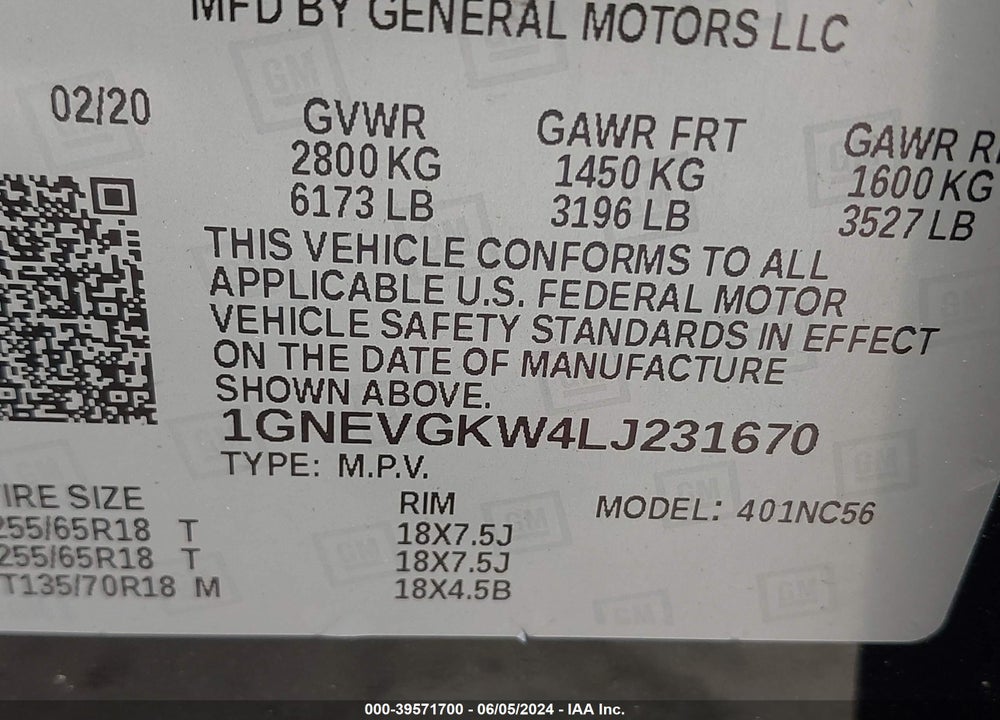 2020 CHEVROLET TRAVERSE AWD LT CLOTH VIN: 1GNEVGKW4LJ231670