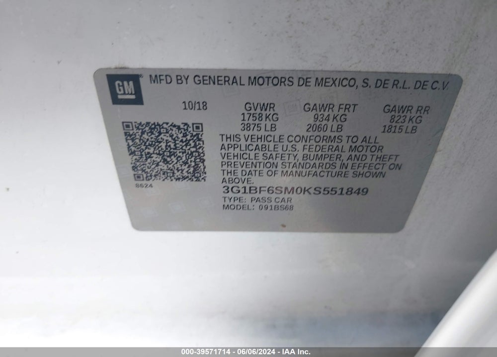 2019 CHEVROLET CRUZE PREMIER VIN: 3G1BF6SM0KS551849