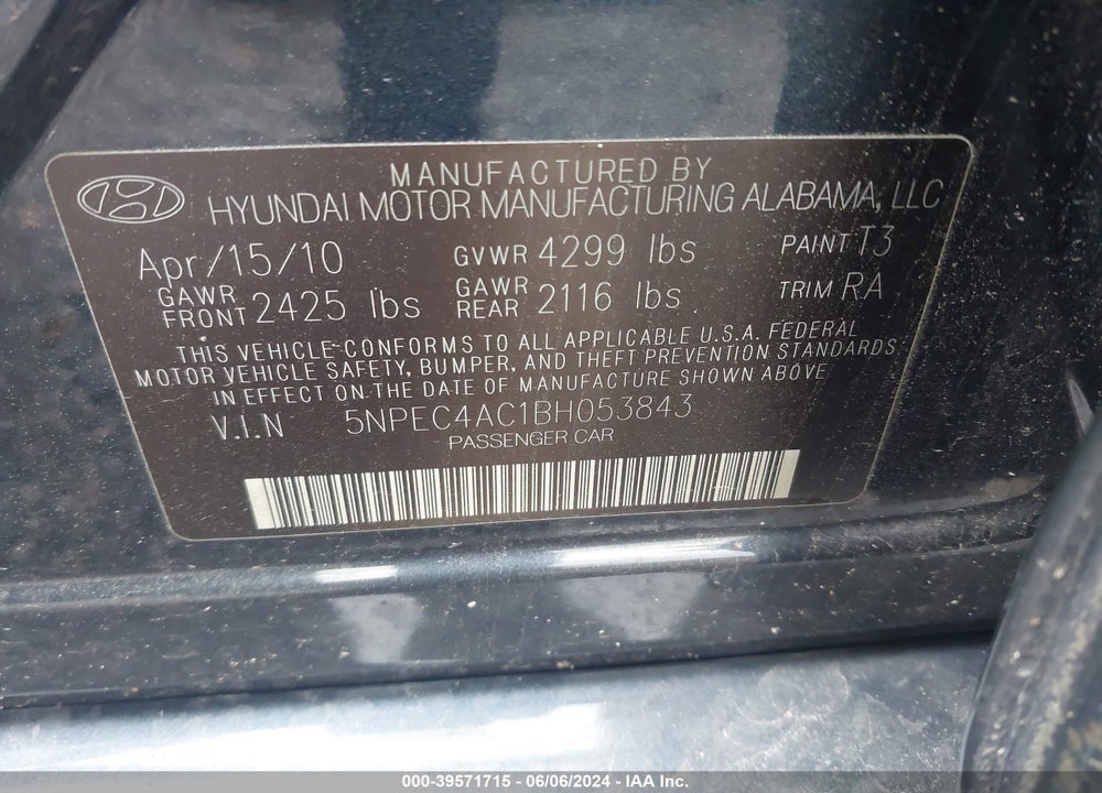 2011 HYUNDAI SONATA SE VIN: 5NPEC4AC1BH053843