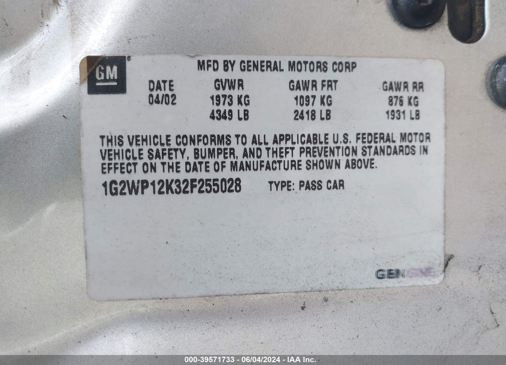 2002 PONTIAC GRAND PRIX GT VIN: 1G2WP12K32F255028