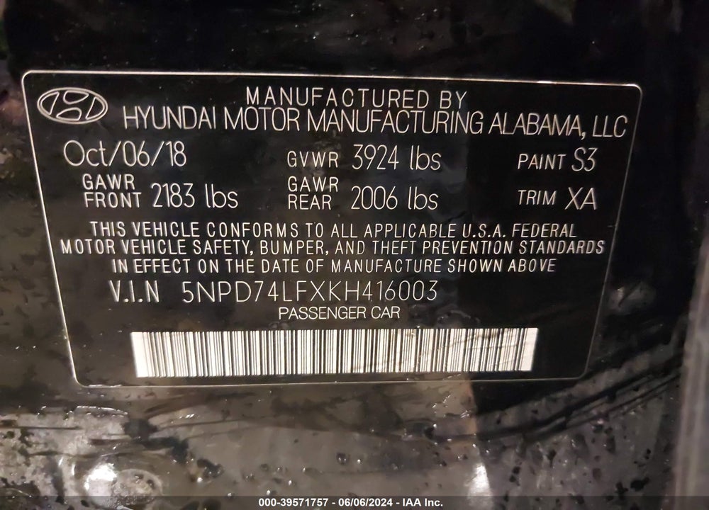 2019 HYUNDAI ELANTRA SE VIN: 5NPD74LFXKH416003