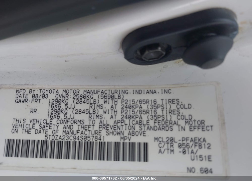 2004 TOYOTA SIENNA LE VIN: 5TDZA23C94S057841
