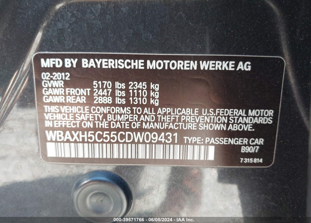 2012 BMW 528I XDRIVE VIN: WBAXH5C55CDW09431
