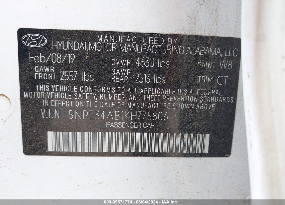 2019 HYUNDAI SONATA LIMITED 2.0T VIN: 5NPE34AB1KH775806