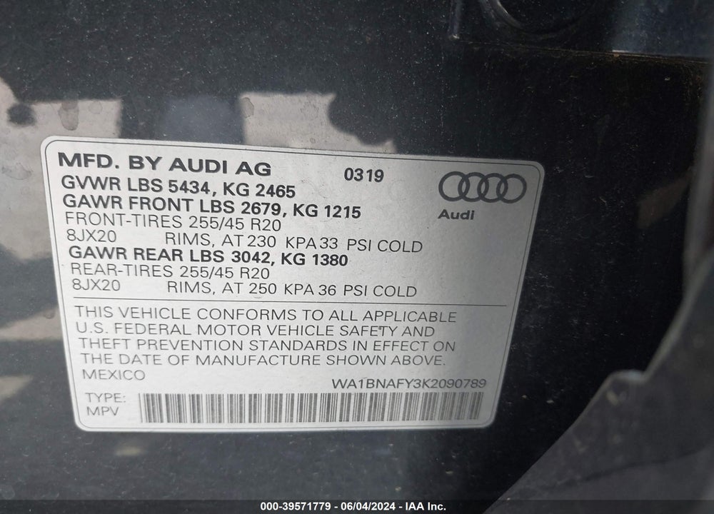 2019 AUDI Q5 45 PREMIUM VIN: WA1BNAFY3K2090789