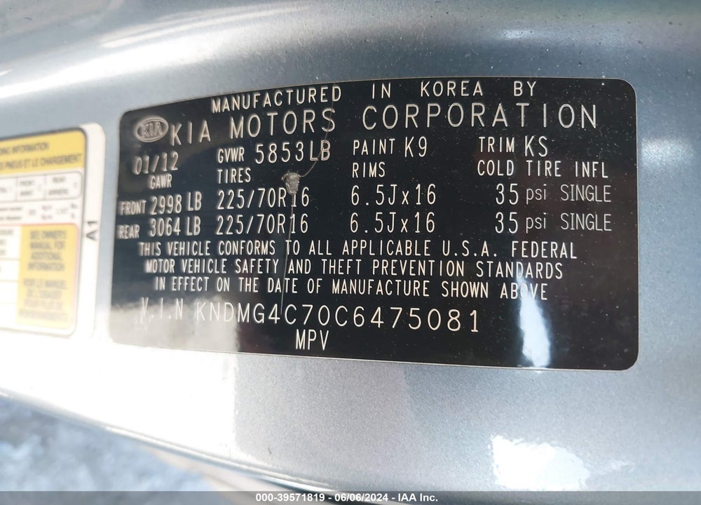 2012 KIA SEDONA LX VIN: KNDMG4C70C6475081