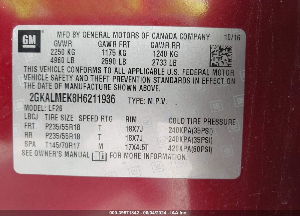 2017 GMC TERRAIN SLE-1 VIN: 2GKALMEK8H6211936