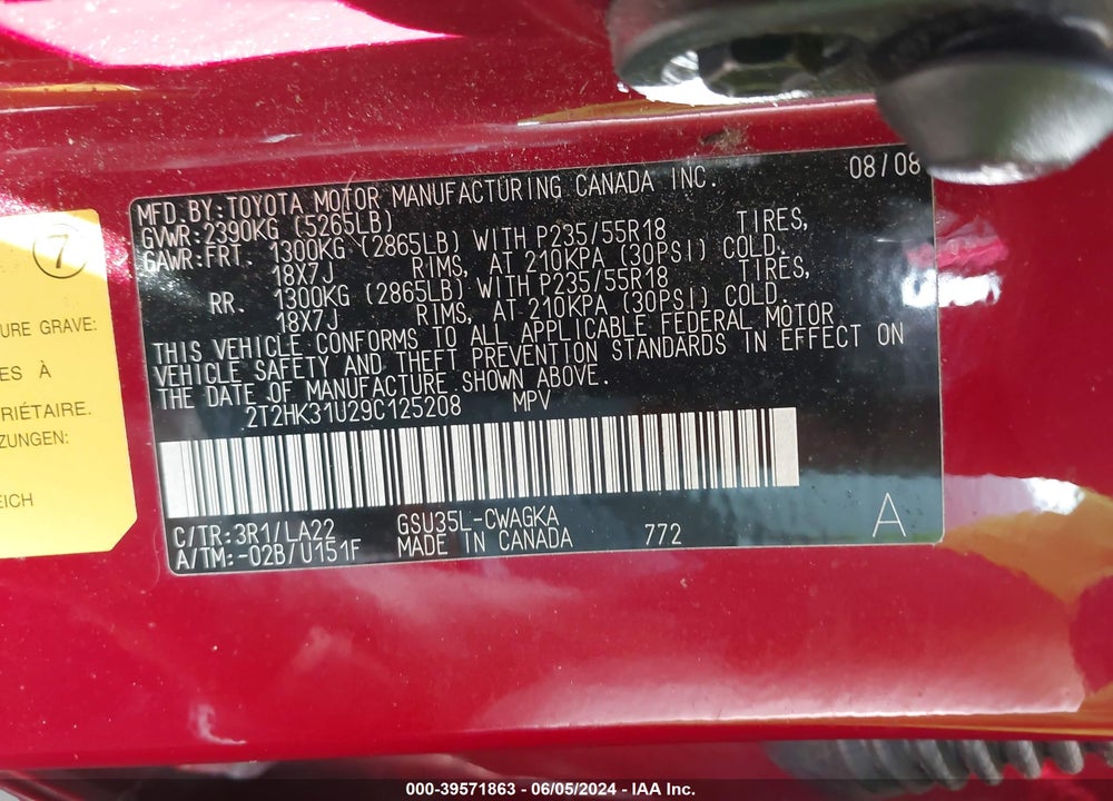 2009 LEXUS RX 350 VIN: 2T2HK31U29C125208