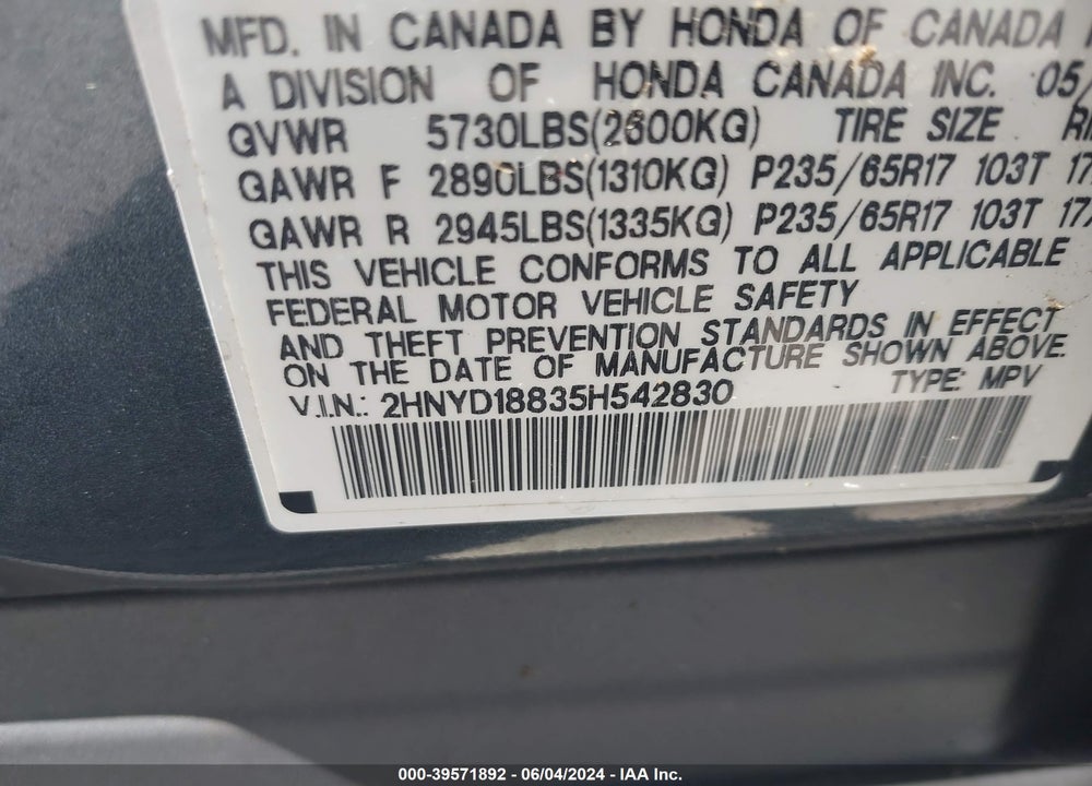 2005 ACURA MDX VIN: 2HNYD18835H542830