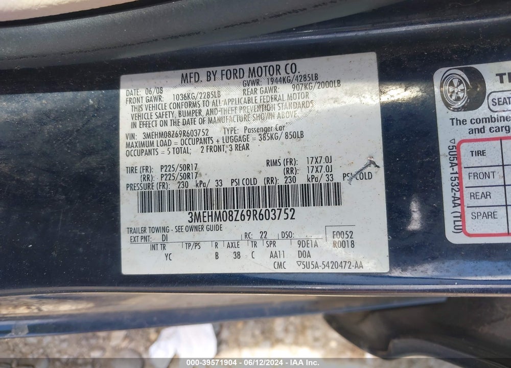 2009 MERCURY MILAN I4 PREMIER VIN: 3MEHM08Z69R603752