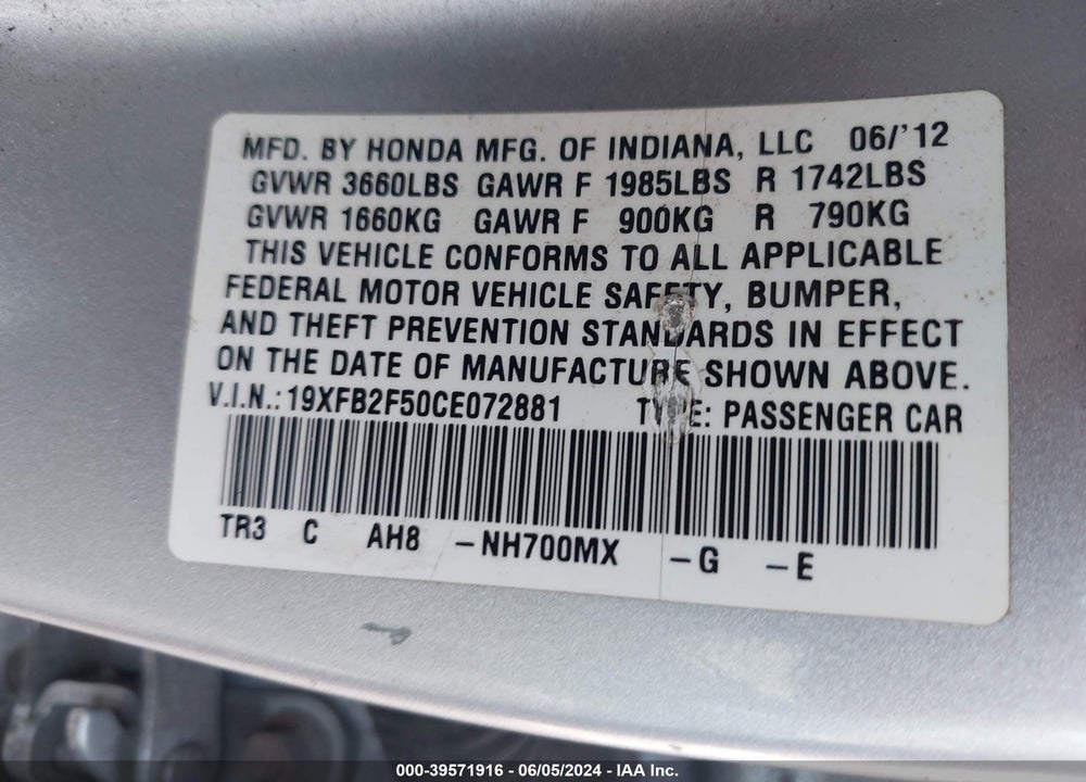 2012 HONDA CIVIC LX VIN: 19XFB2F50CE072881