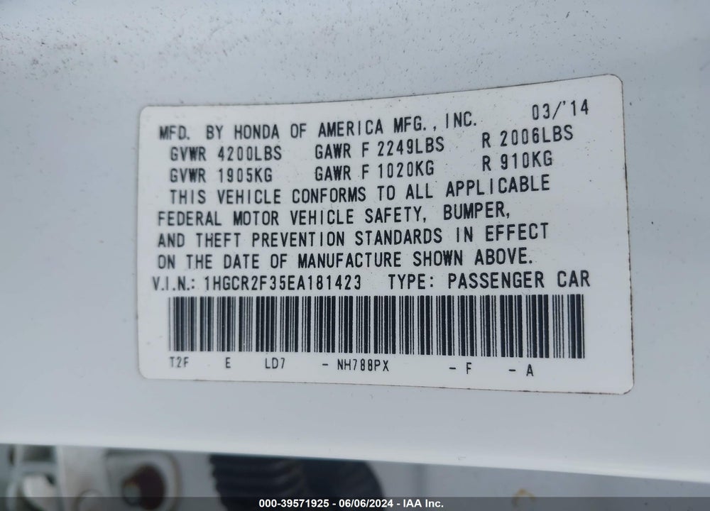 2014 HONDA ACCORD LX VIN: 1HGCR2F35EA181423