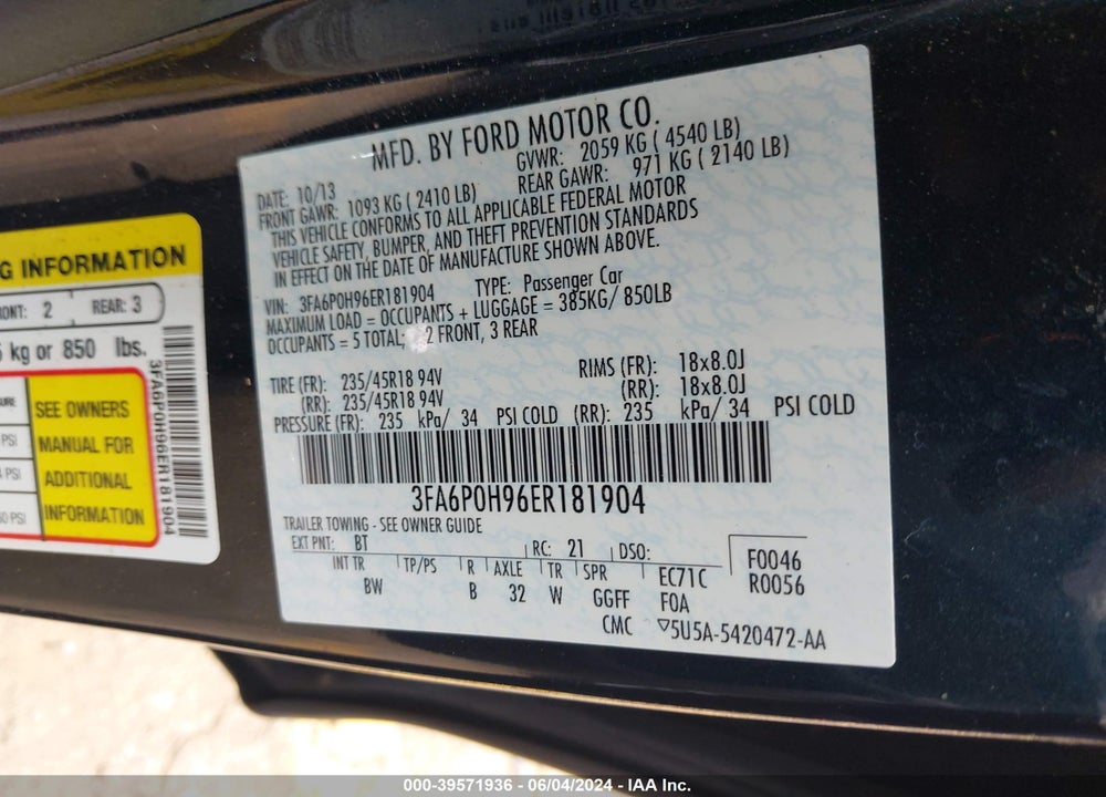 2014 FORD FUSION SE VIN: 3FA6P0H96ER181904