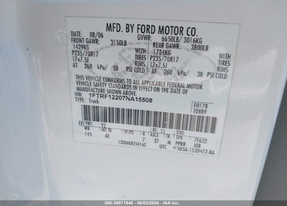 2007 FORD F-150 STX/XL/XLT VIN: 1FTRF12207NA15508