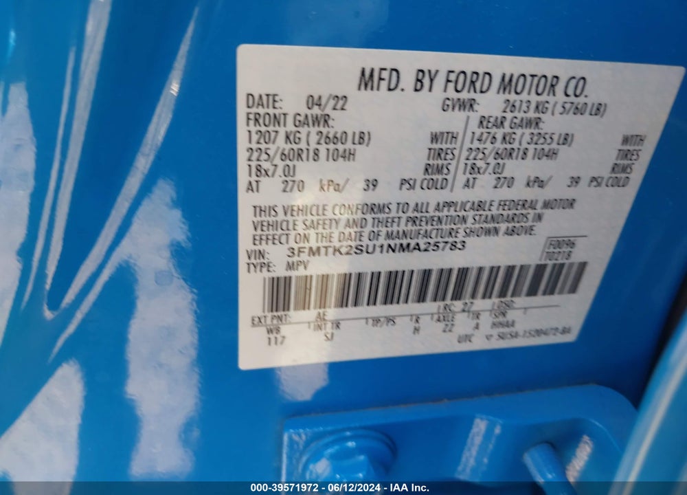 2022 FORD MUSTANG MACH-E CALIFORNIA ROUTE 1 VIN: 3FMTK2SU1NMA25783