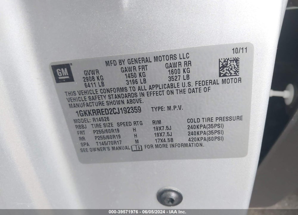 2012 GMC ACADIA SLT-1 VIN: 1GKKRRED2CJ192359