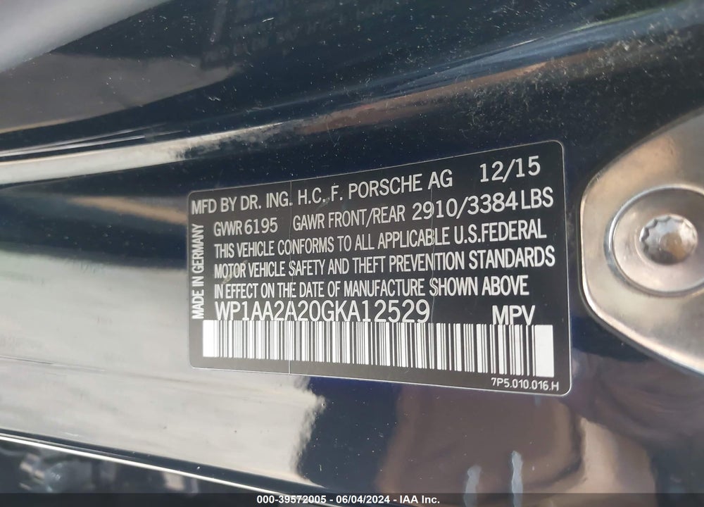 2016 PORSCHE CAYENNE VIN: WP1AA2A20GKA12529