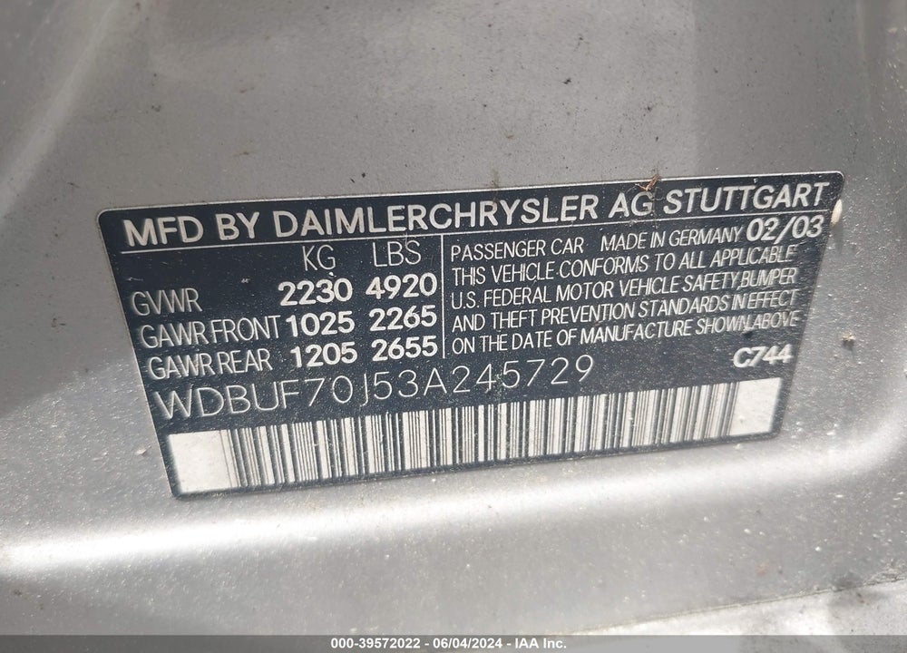 2003 MERCEDES-BENZ E 500 VIN: WDBUF70J53A245729